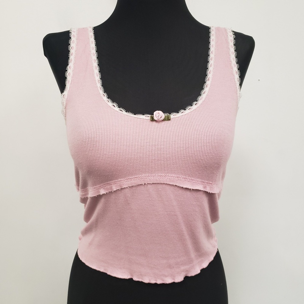 Beverly And Beck Womens Y2K Coquette Lace Trim Babydoll‎ Tank Top Size M Ribbed